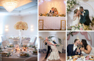 Wedding decor, centerpieces, and newlyweds dancing
